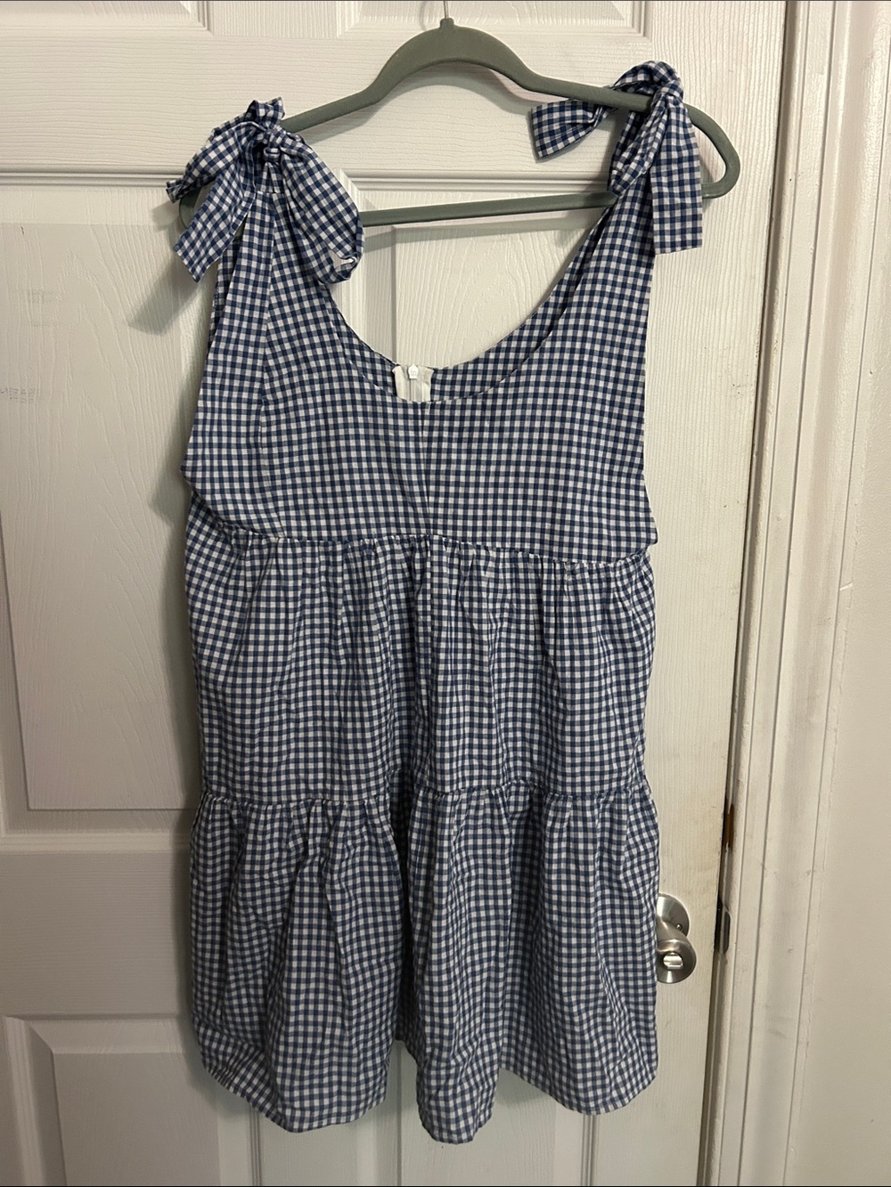 Blue Gingham Tie-Shoulder Mini Dress